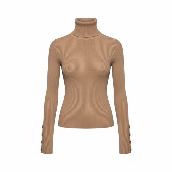 John + Jenn Tan Buttoned Cuff Ribbed Turtleneck Sweater Size Small - Picture 2 of 9
